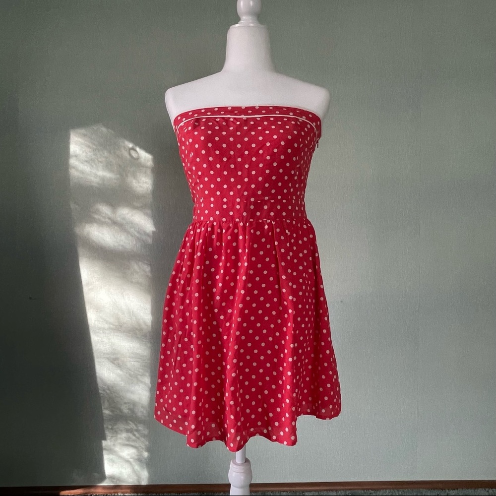 XXI Strapless Mini Dress, Pink & White Polkadots, Pin-up Dress, 50’s, Large